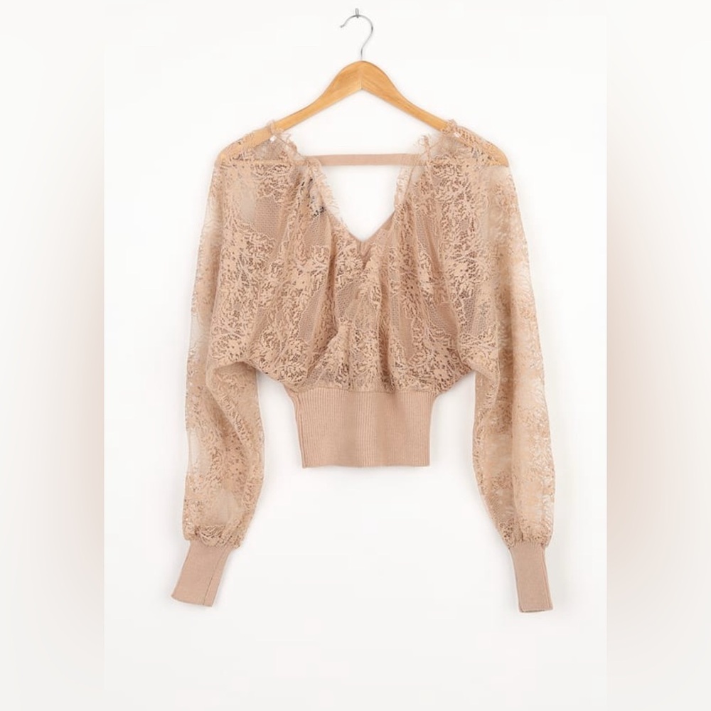 Story to Tell Tan Surplice Back Lace Sweater Top - Picture 5 of 6